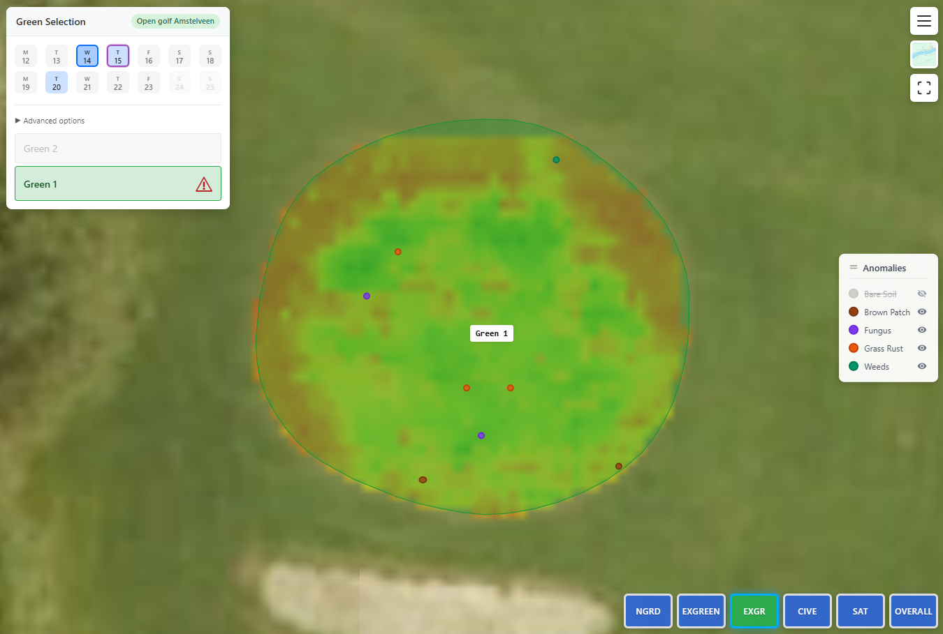 Biometric index heatmaps showing NGRD, EXGREEN, EXGR, CIVE indices